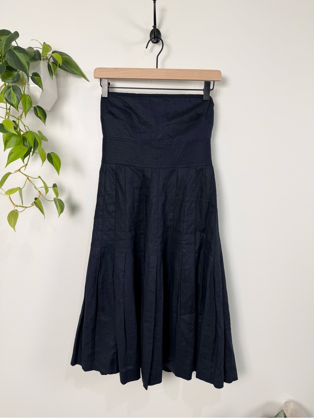 J.Crew 100% Linen Pleated Strapless Fit & Flare Dress Navy 4 Quiet Luxury Preppy